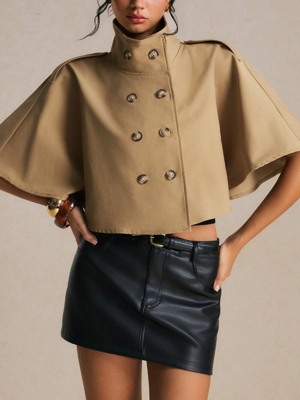 Brown Elegant Women's Cropped Double Breasted Cape Trench Coat
